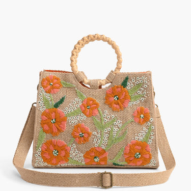 Floral Beaded Jute Shoulder Bag